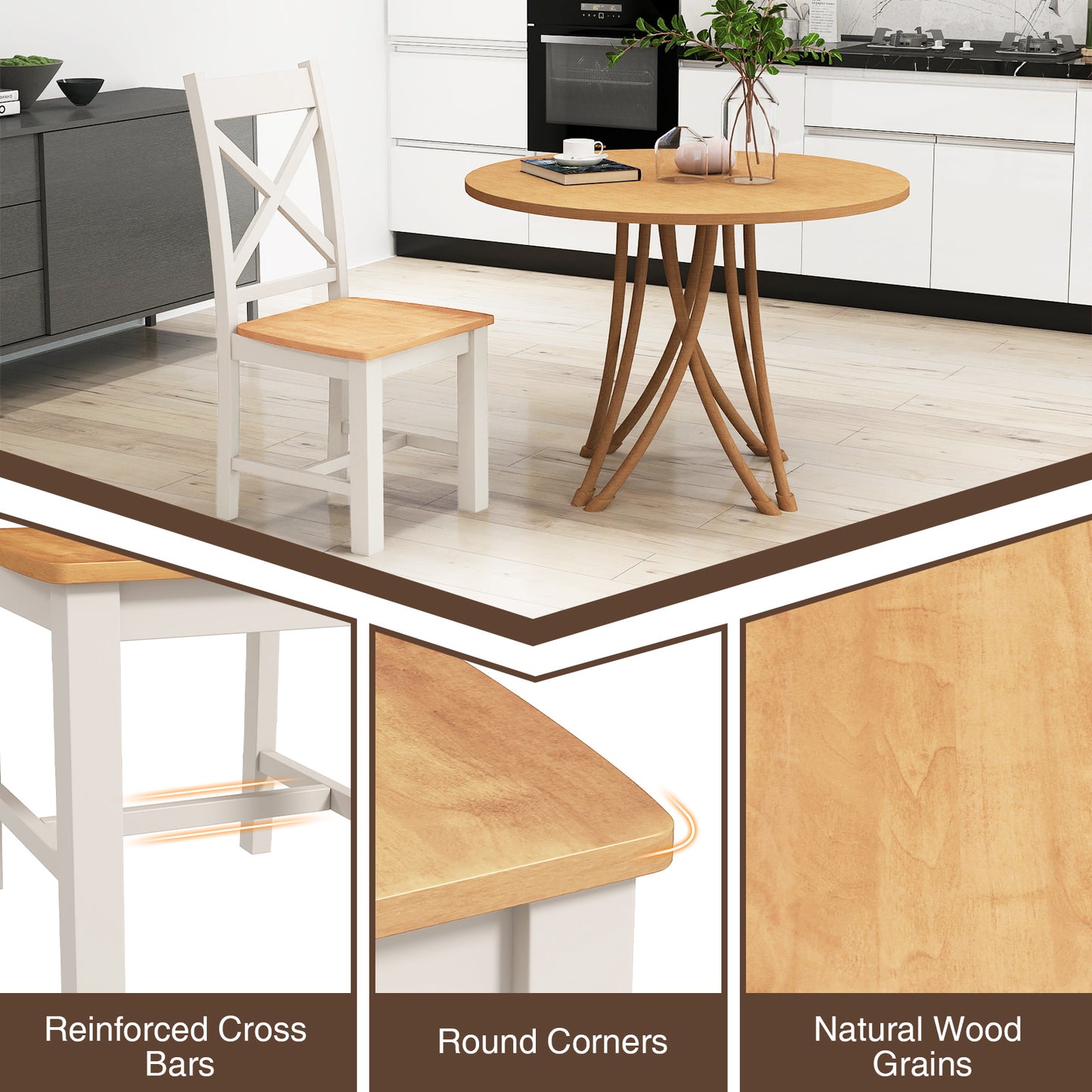 Farmhouse Wooden Dining Chairs Set of 2 with High Backrest and Solid Rubber Wood Frame