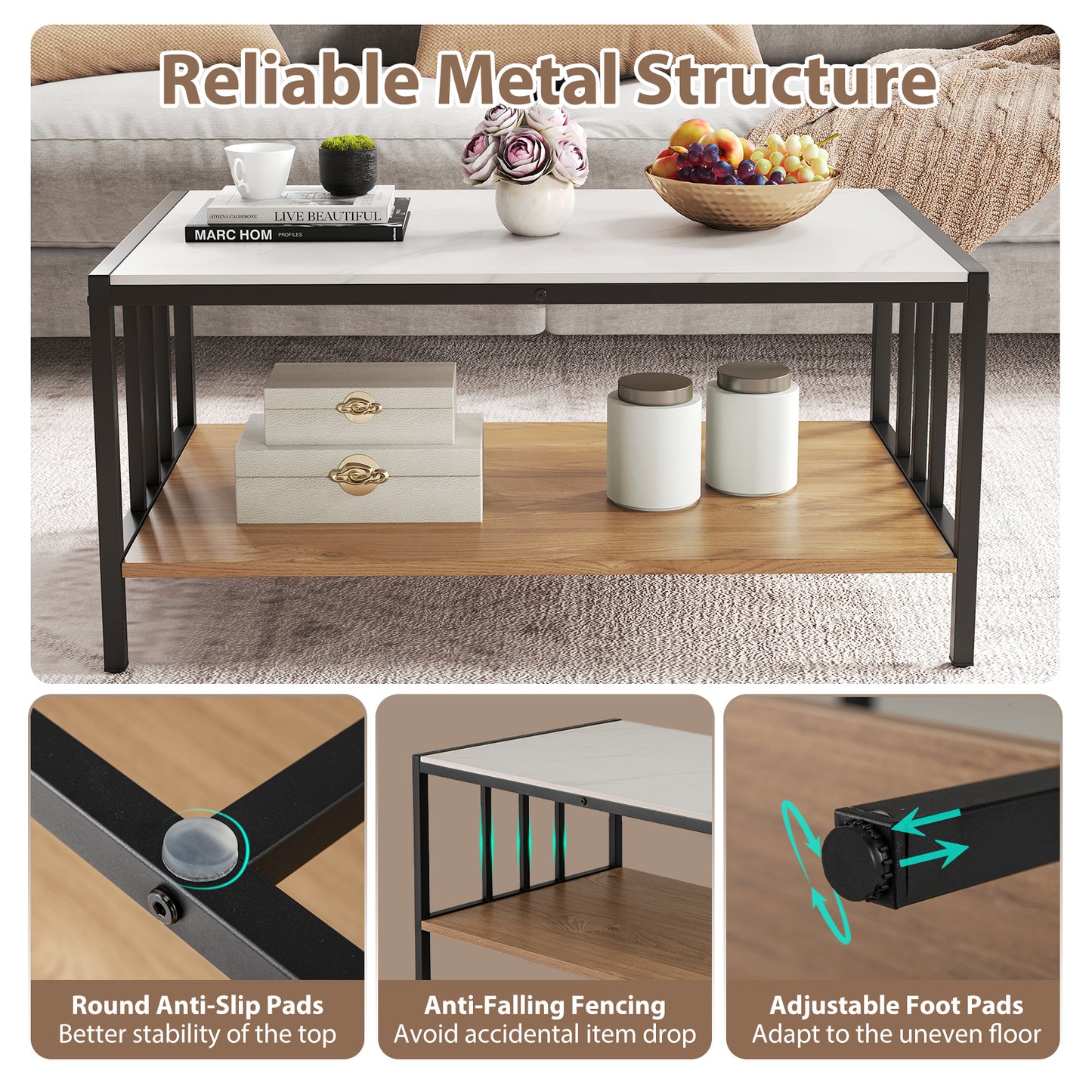 Modern 2 Tier Coffee Table with Faux Marble Sintered Stone Top and Open Storage Shelf