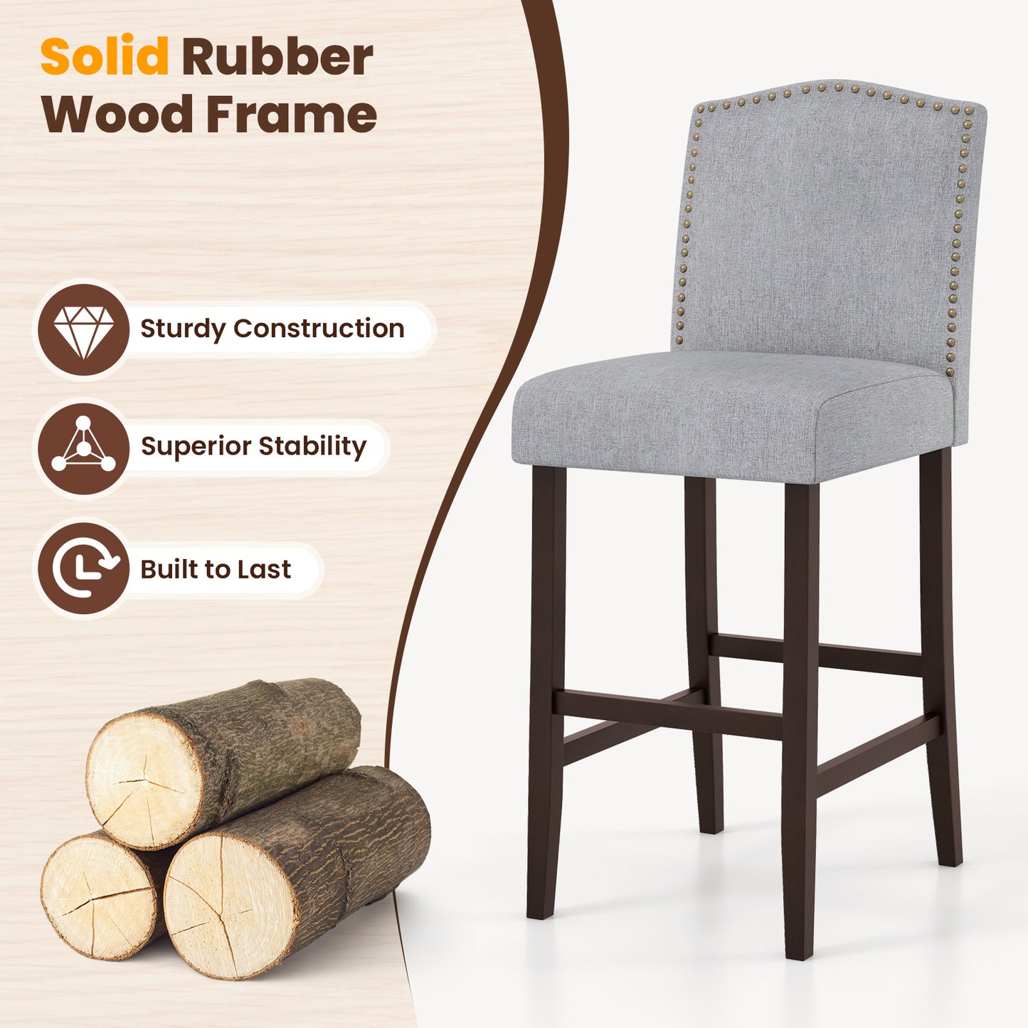 Set of 2 Elegant Bar Height Dining Stools with Thick Padded Cushion