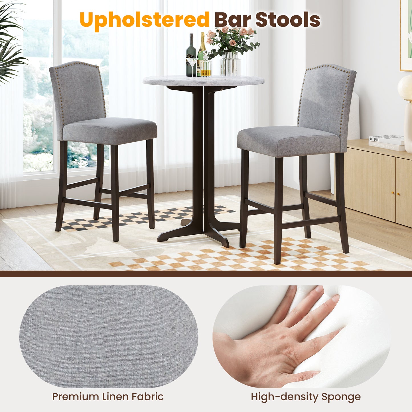Set of 2 Elegant Bar Height Dining Stools with Thick Padded Cushion