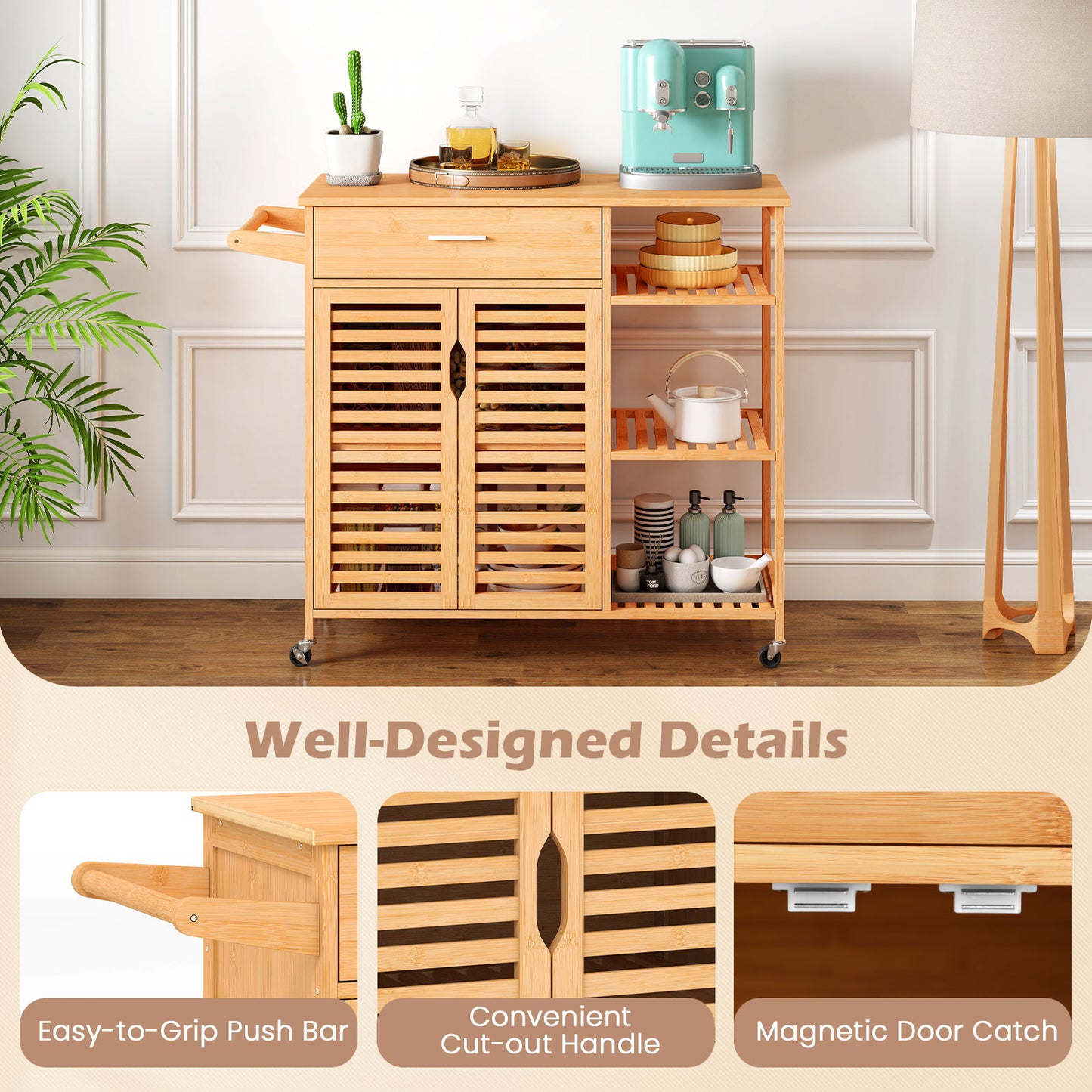 Mobile Bamboo Kitchen Island Cart with Spacious Storage and Locking Wheels