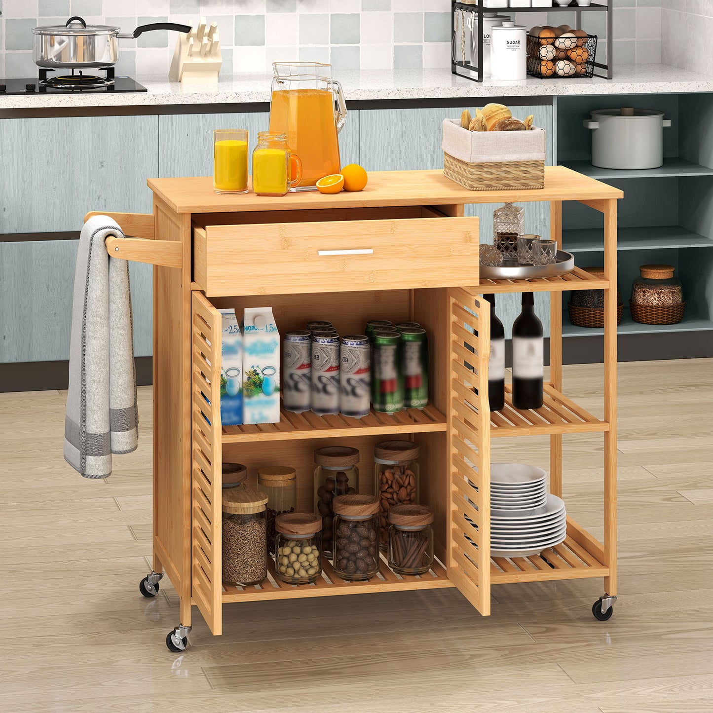 Mobile Bamboo Kitchen Island Cart with Spacious Storage and Locking Wheels