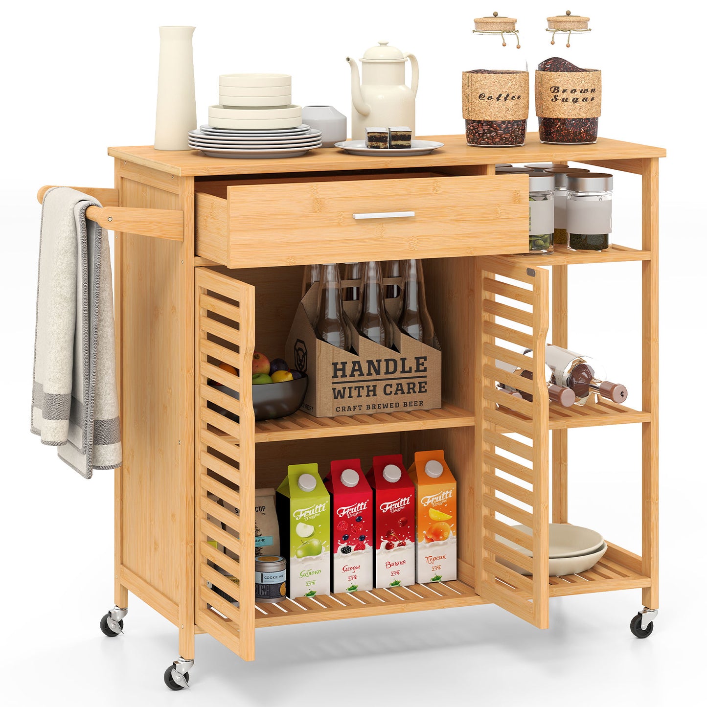 Mobile Bamboo Kitchen Island Cart with Spacious Storage and Locking Wheels
