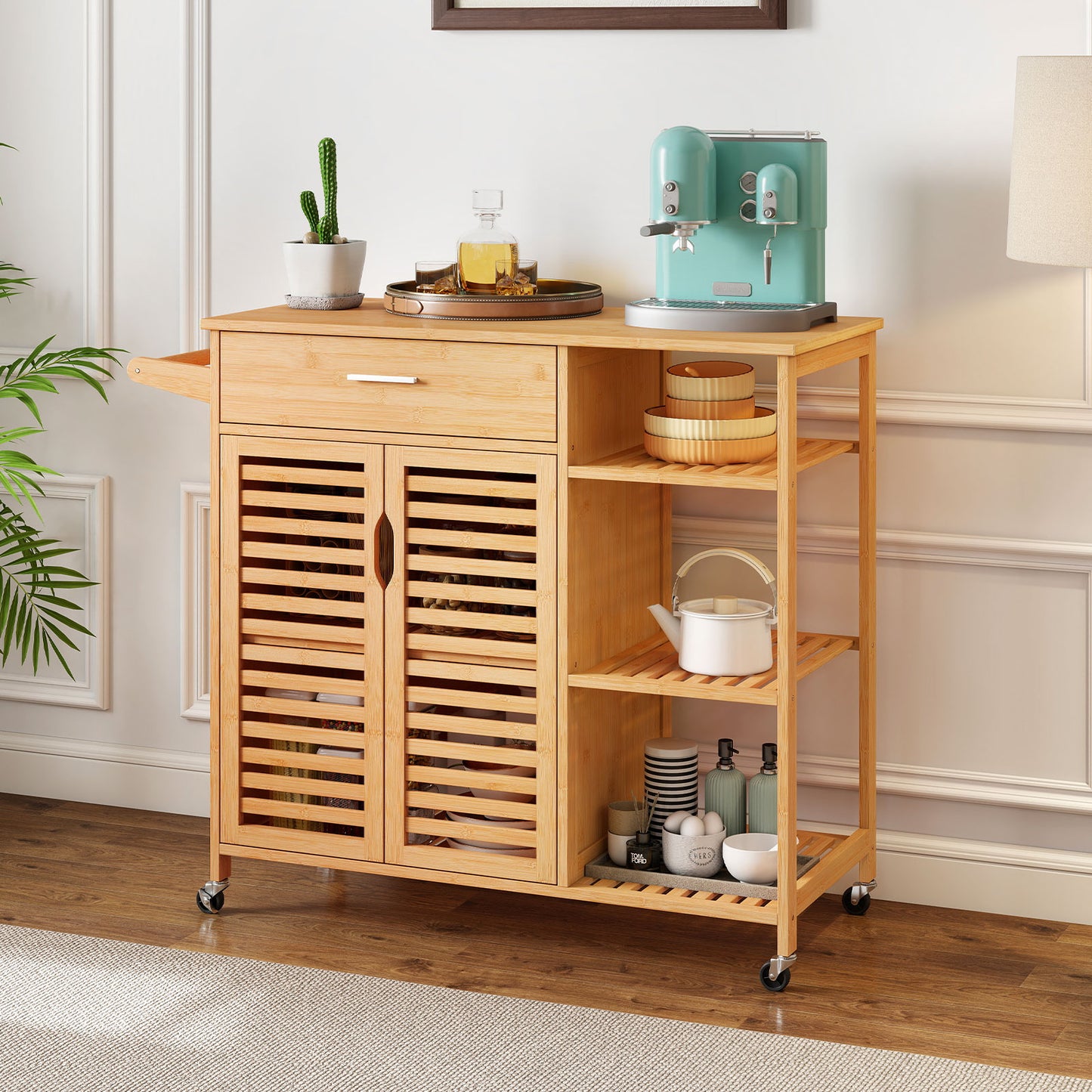Mobile Bamboo Kitchen Island Cart with Spacious Storage and Locking Wheels