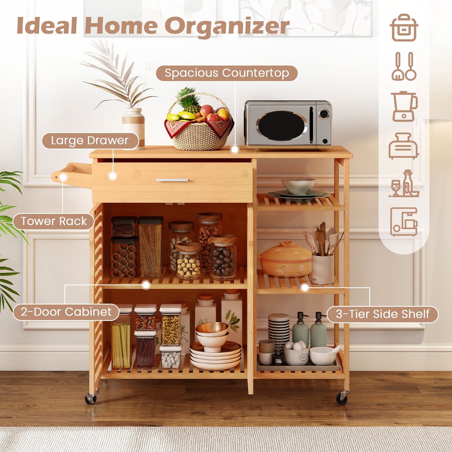 Mobile Bamboo Kitchen Island Cart with Spacious Storage and Locking Wheels