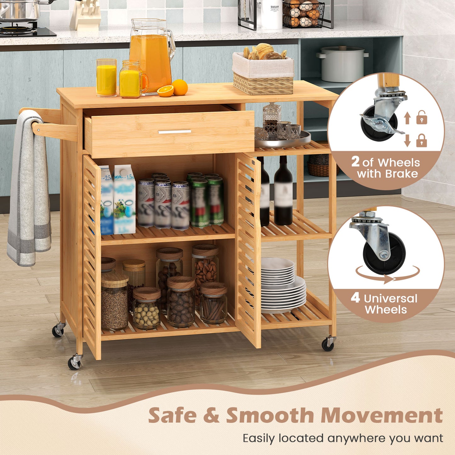 Mobile Bamboo Kitchen Island Cart with Spacious Storage and Locking Wheels