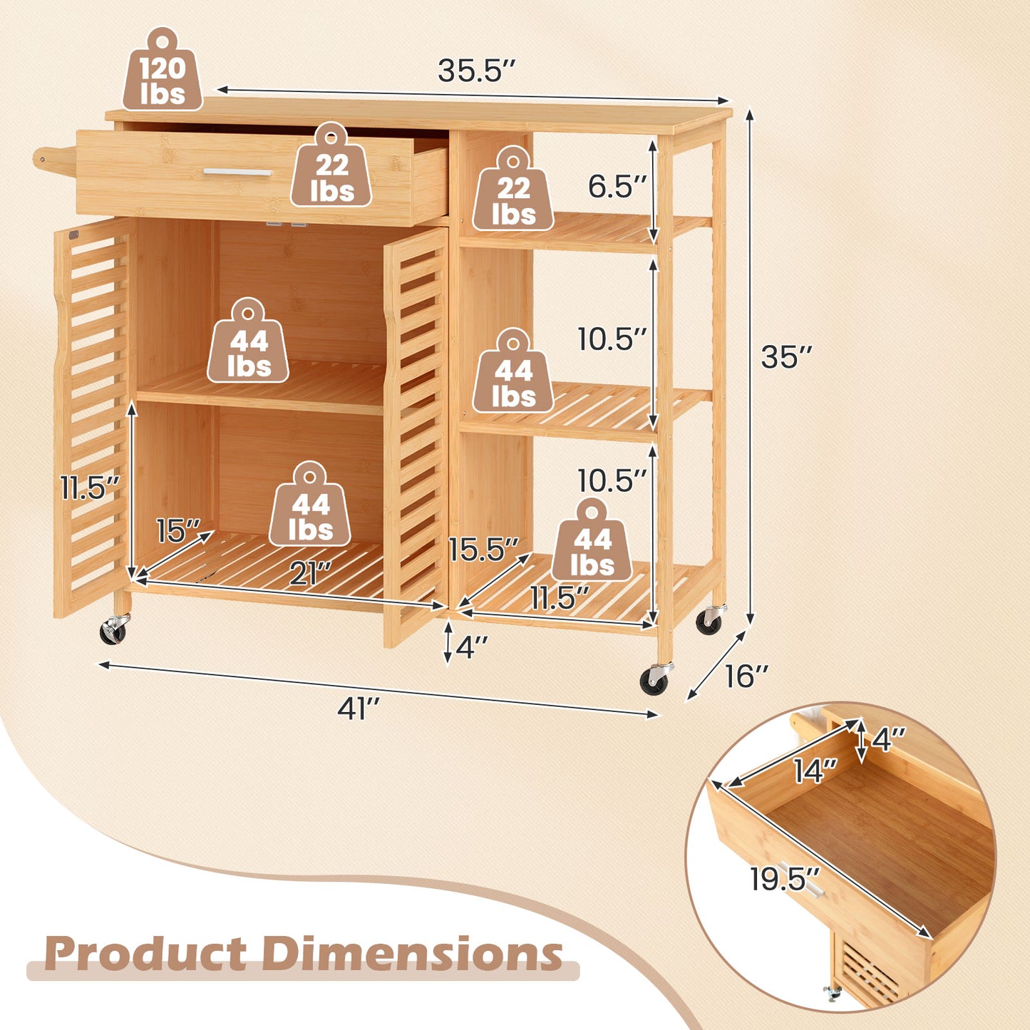 Mobile Bamboo Kitchen Island Cart with Spacious Storage and Locking Wheels