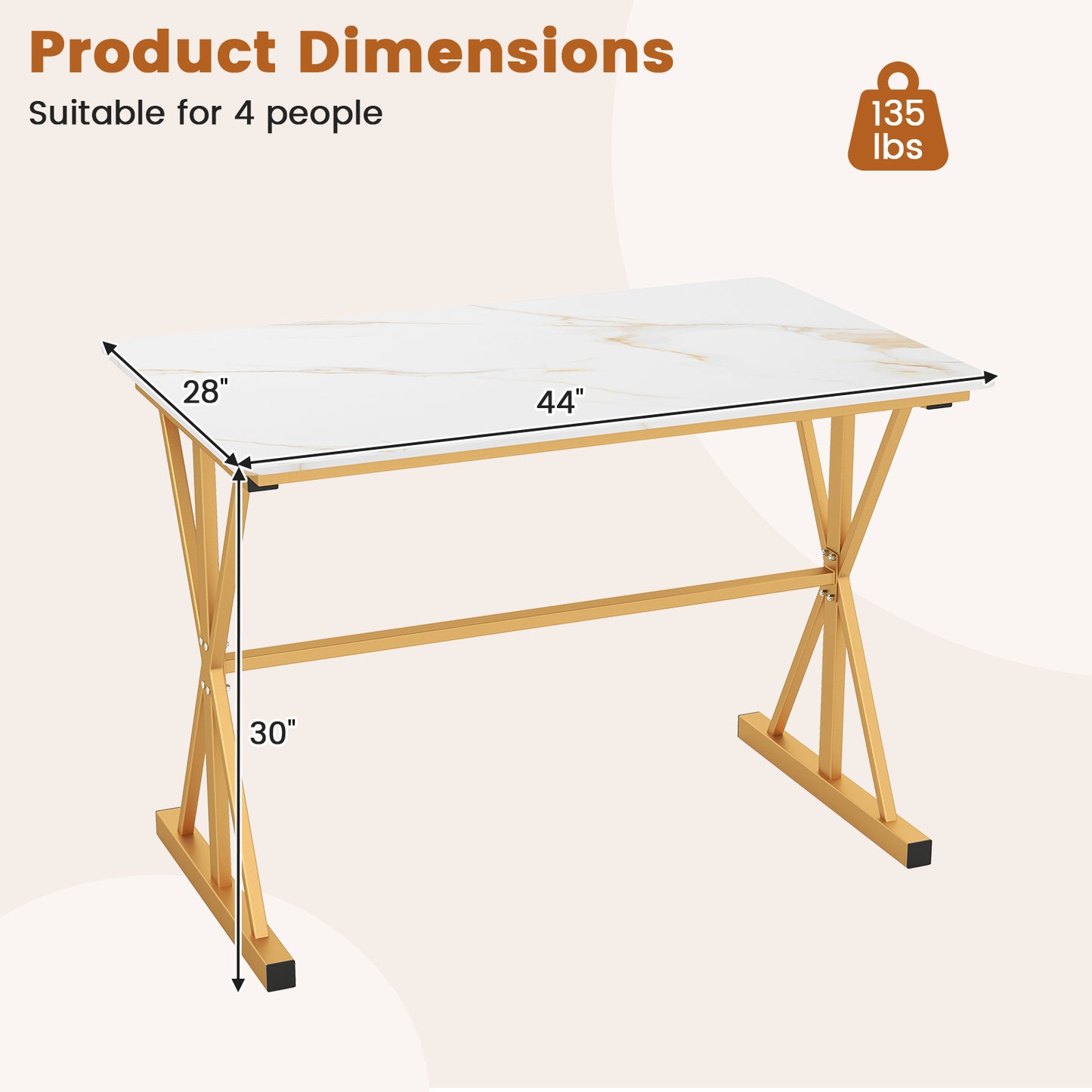Elegant 44 Inch Sintered Stone Dining Table with Metal Frame and Faux Marble Top