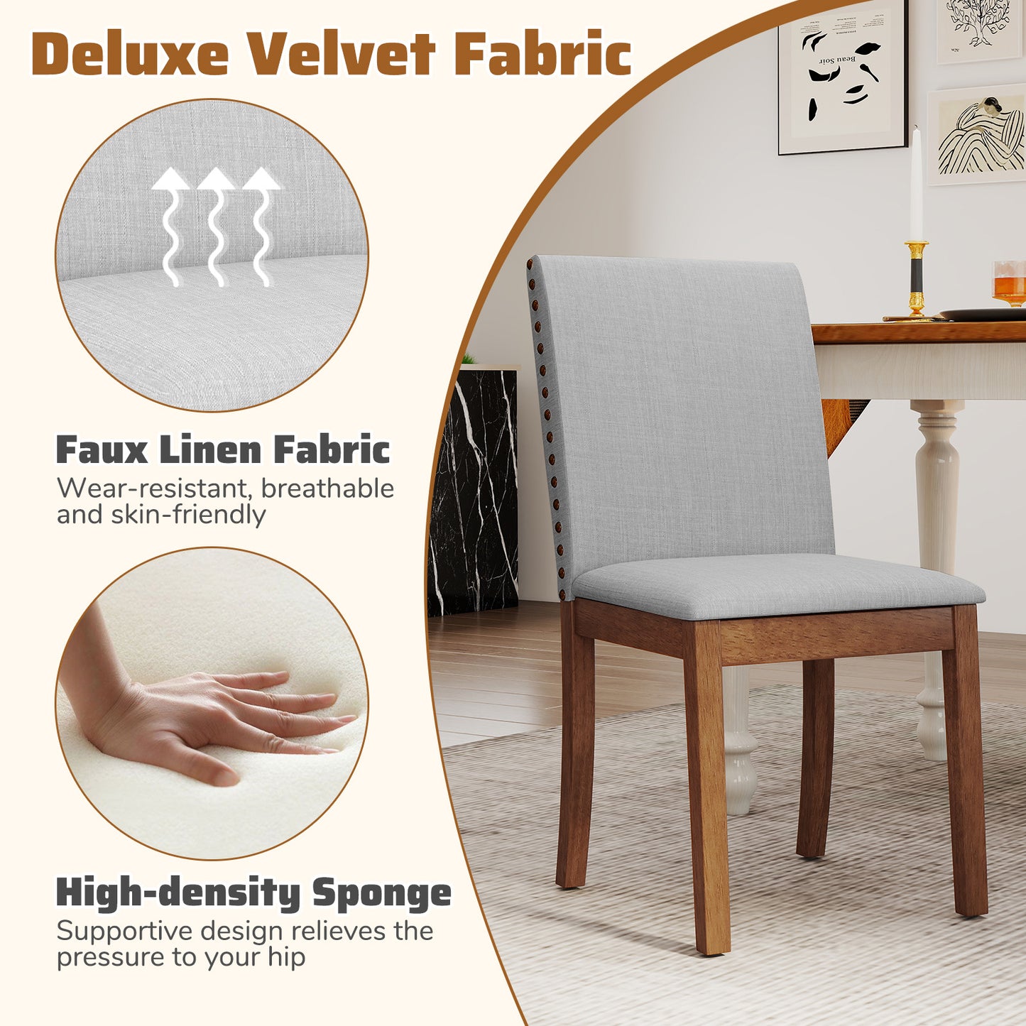 Set of 2 Upholstered Dining Chairs with Padded Seats for Living Room and Kitchen Comfort