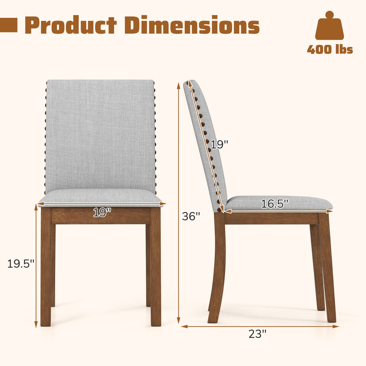 Set of 2 Upholstered Dining Chairs with Padded Seats for Living Room and Kitchen Comfort