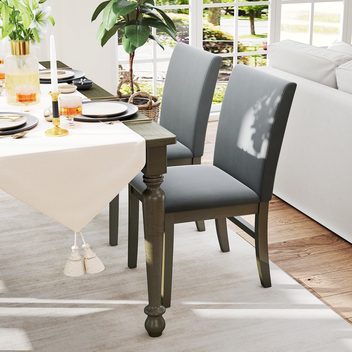 Velvet Upholstered Dining Chairs with High Backrest and Solid Rubber Wood Legs Set of 2