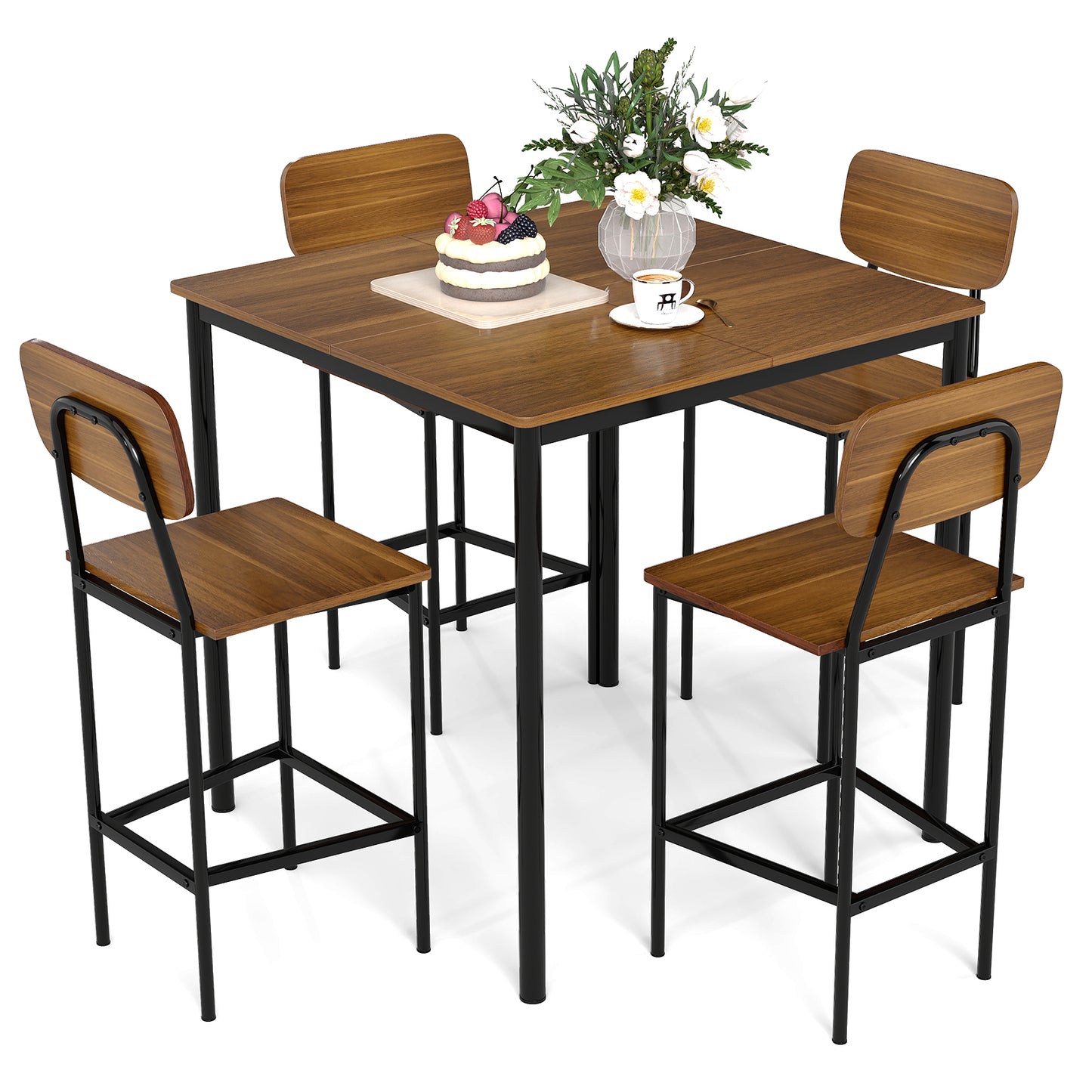 Modern 5 Piece Counter Height Dining Set with Square Table and 4 Bar Stools Teak Finish