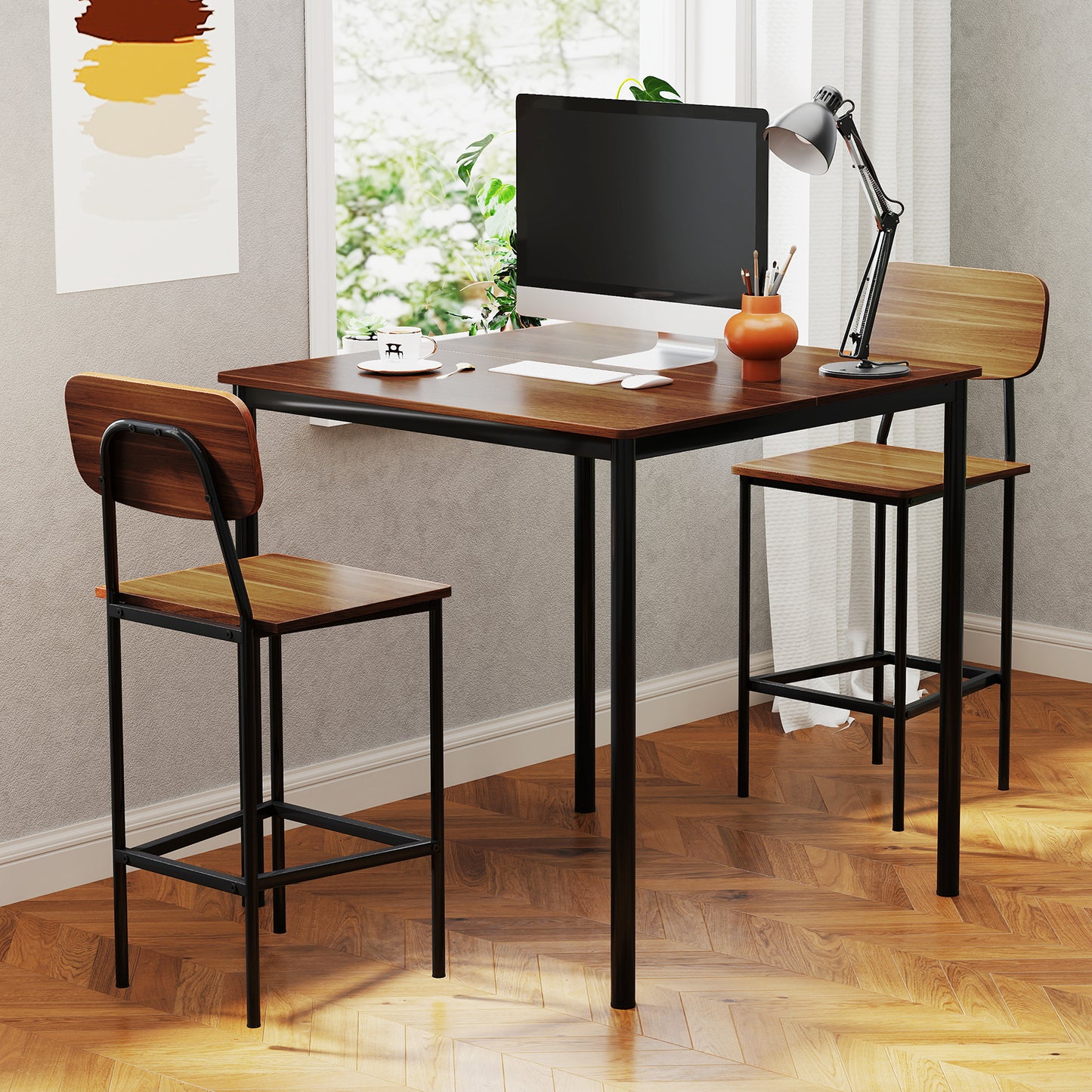 Modern 5 Piece Counter Height Dining Set with Square Table and 4 Bar Stools Teak Finish
