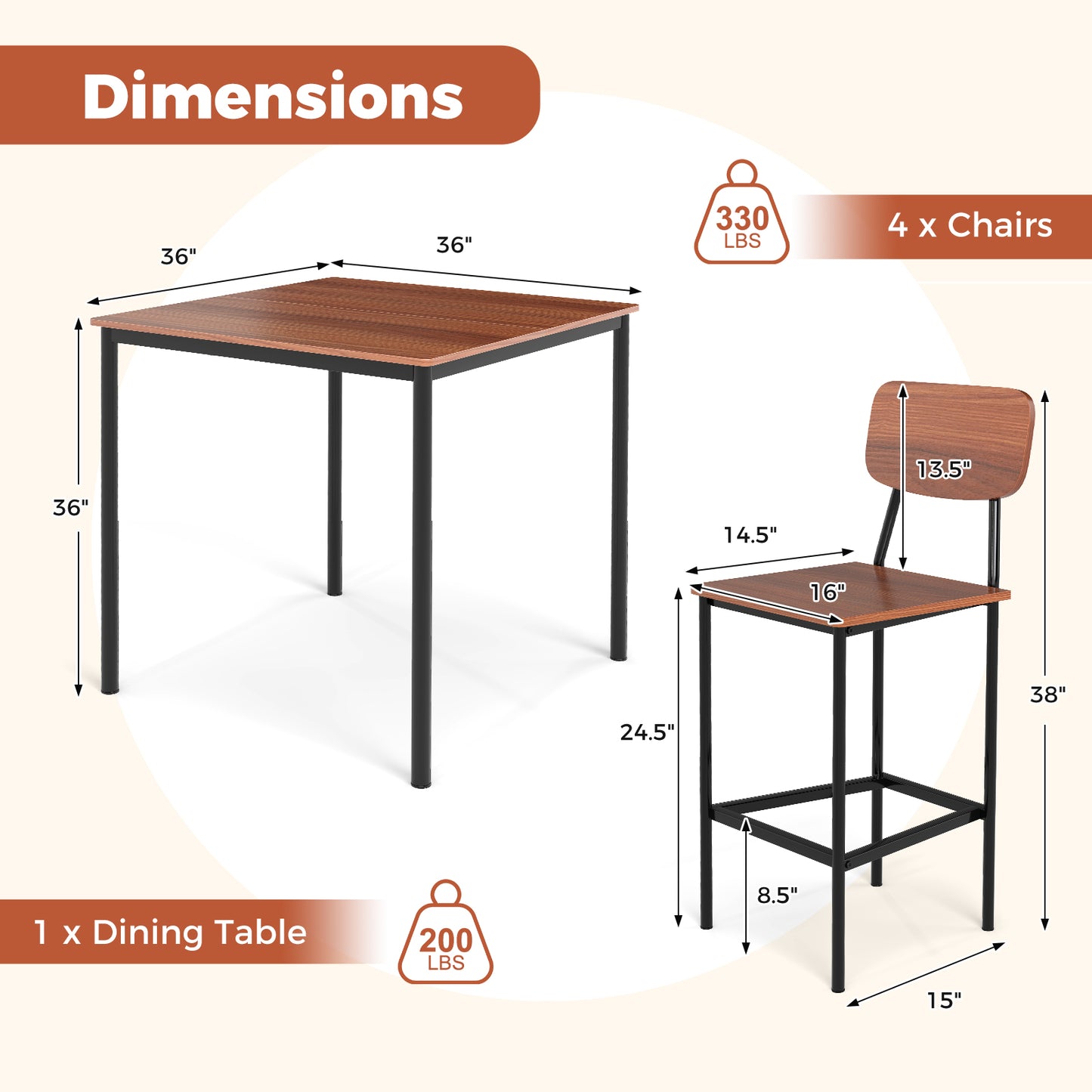 Modern 5 Piece Counter Height Dining Set with Square Table and 4 Bar Stools Walnut Finish
