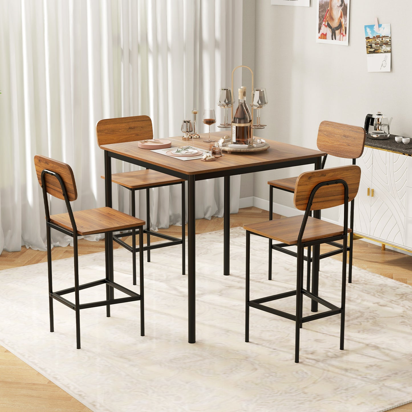 Modern 5 Piece Counter Height Dining Set with Square Table and 4 Bar Stools Walnut Finish