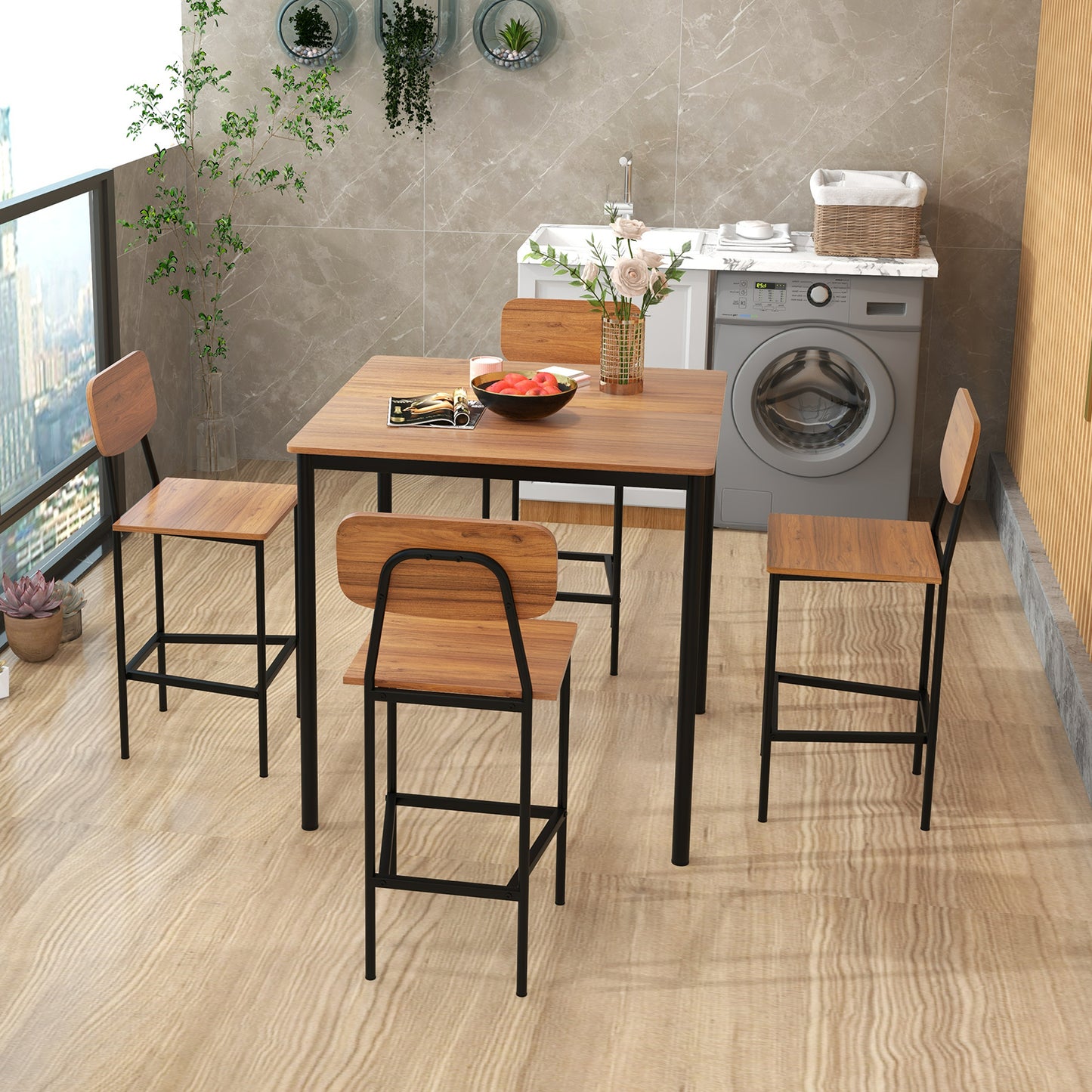Modern 5 Piece Counter Height Dining Set with Square Table and 4 Bar Stools Walnut Finish