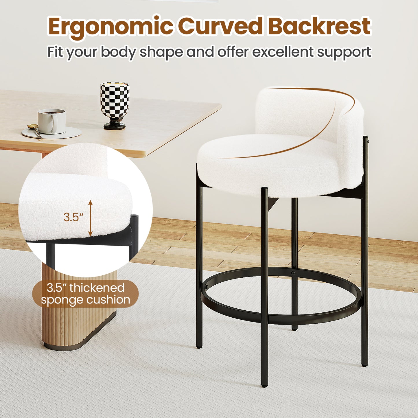 Boucle Counter Stools with Curved Backrest 24 Inch Set of 4