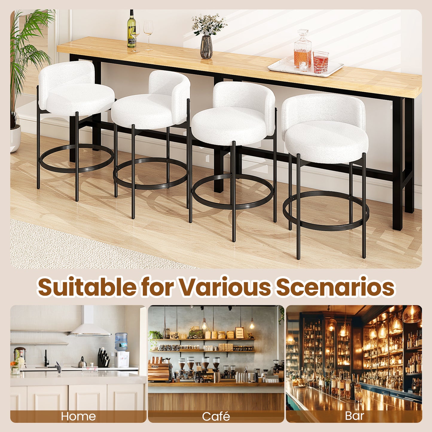 Boucle Counter Stools with Curved Backrest 24 Inch Set of 4