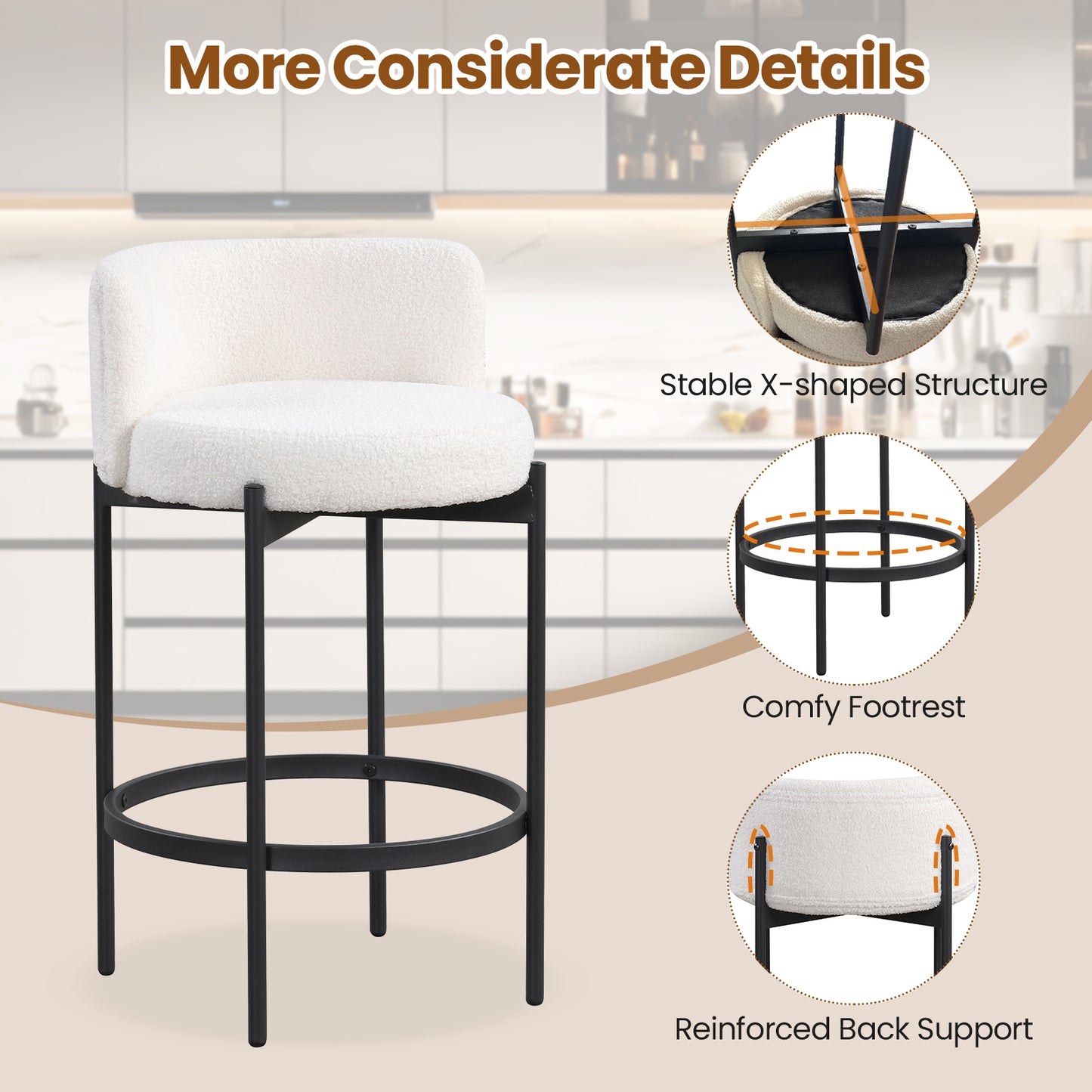 Boucle Counter Stools with Curved Backrest 24 Inch Set of 2