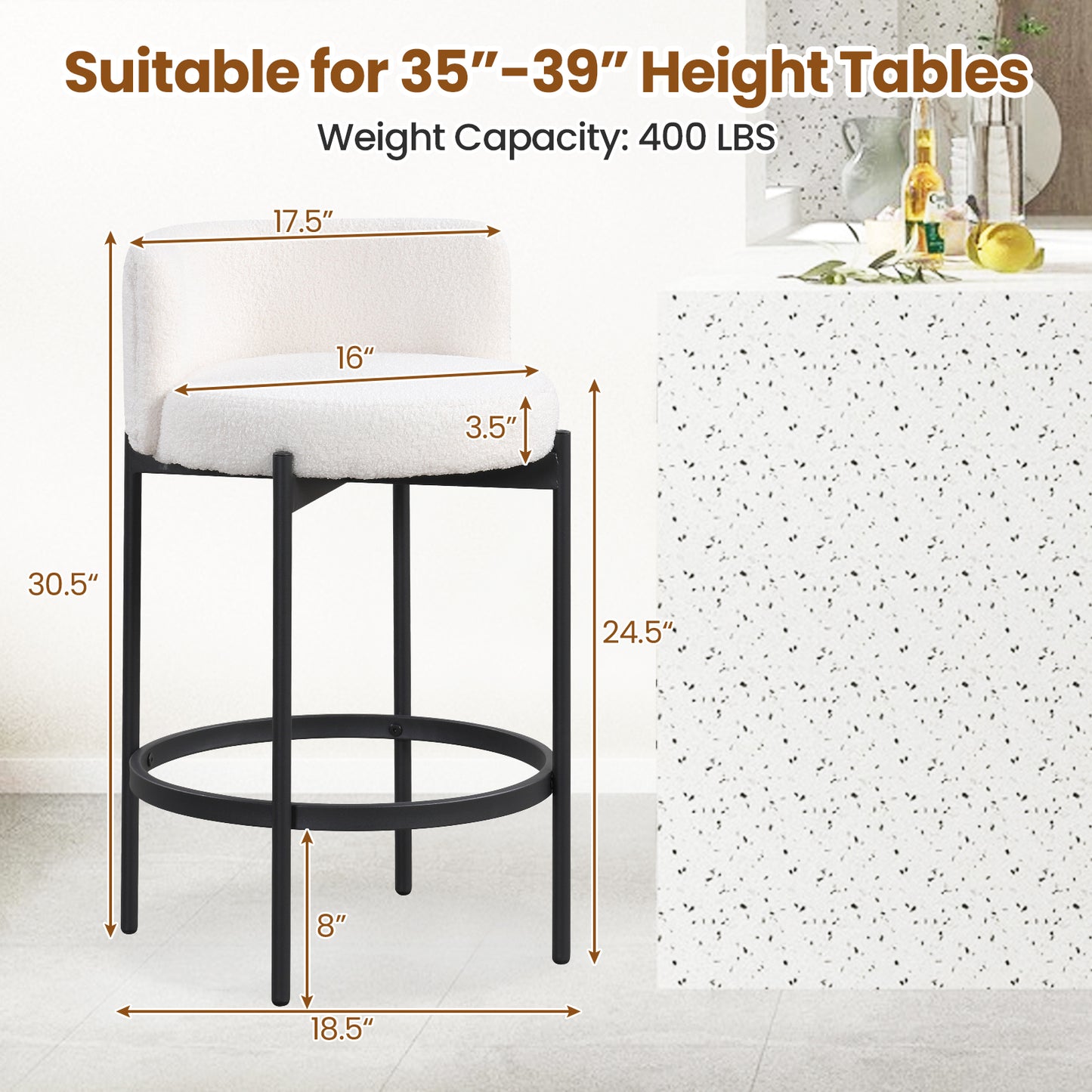 Boucle Counter Stools with Curved Backrest 24 Inch Set of 2