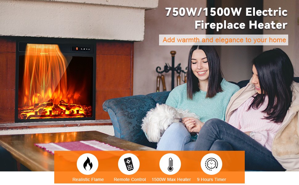 18" Electric Fireplace with 1500W Heating, Freestanding & Recessed Installation