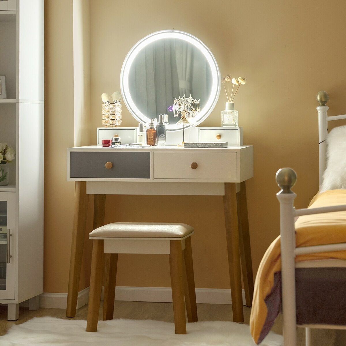 Vanity Table with LED Lighted Round Mirror and 4 Storage Drawers
