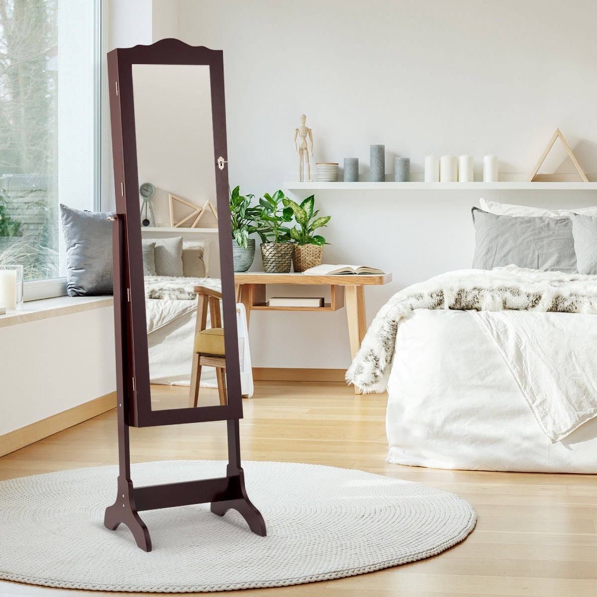 Freestanding Jewelry Armoire with Mirror, Drawers, and LED Lights