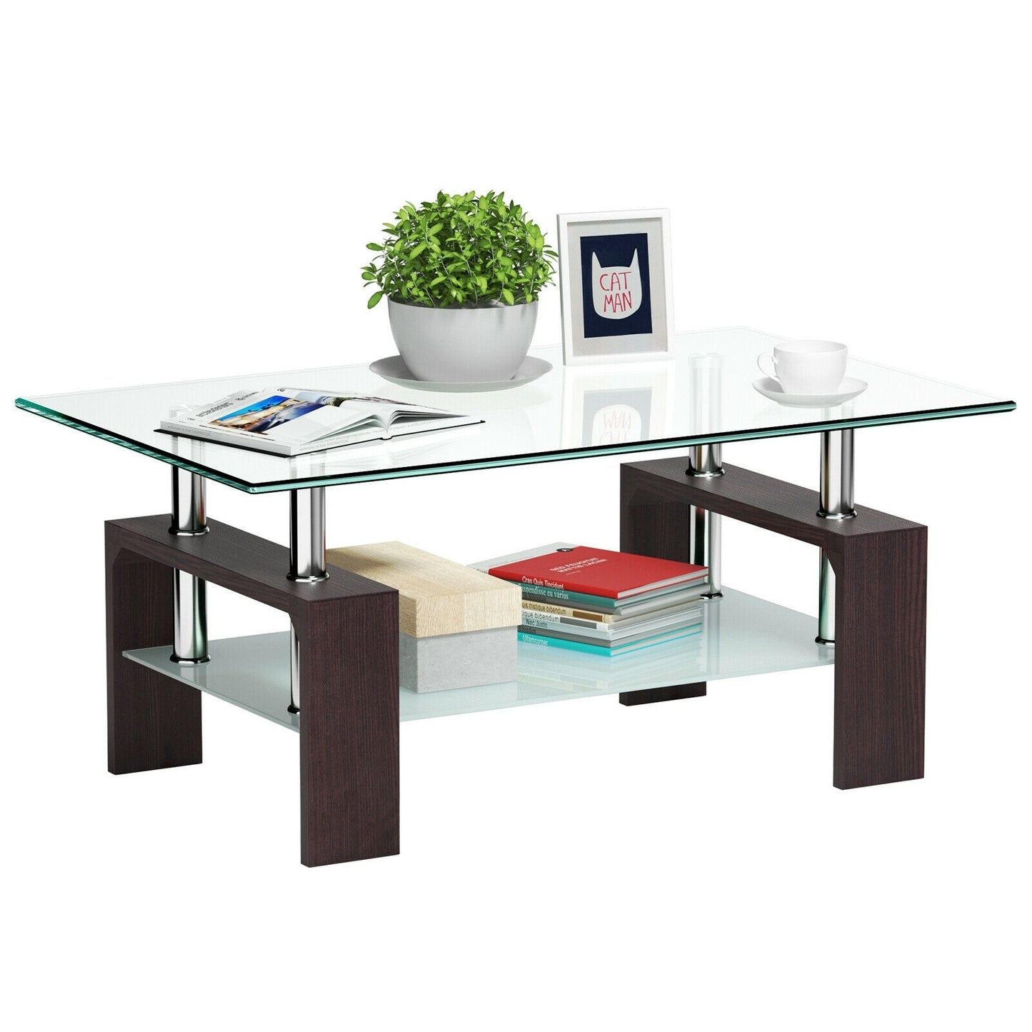 Modern Glass Coffee Table with Lower Shelf and Rectangular Design - Brown