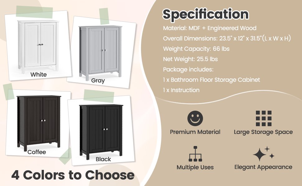 3 Tier 2-Door Bathroom Storage Cabinet Space Saver