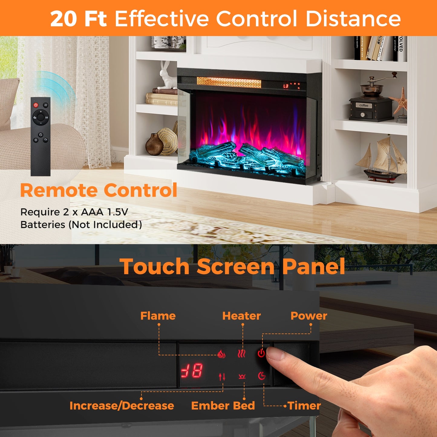 23 Inch 3-Sided Electric Fireplace Insert with 1500W Heater & Adjustable Settings