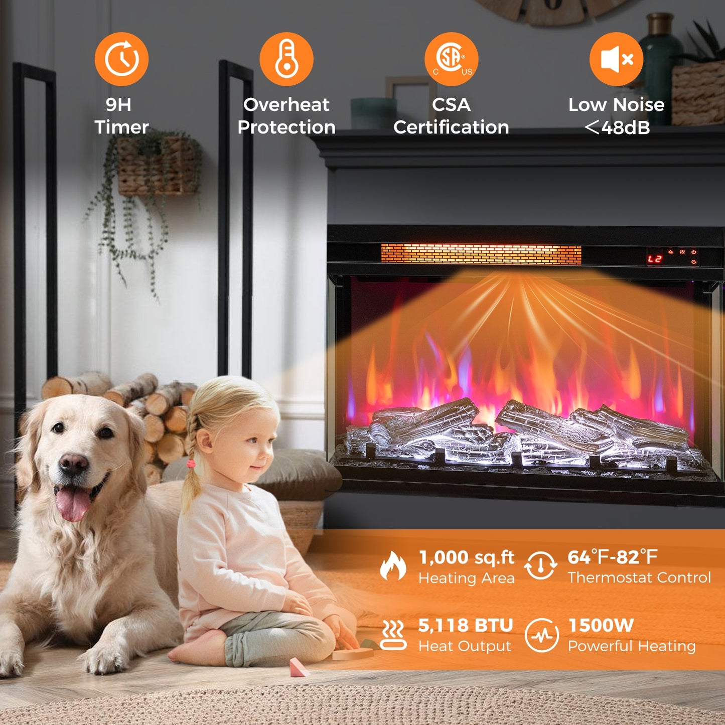 23 Inch 3-Sided Electric Fireplace Insert with 1500W Heater & Adjustable Settings