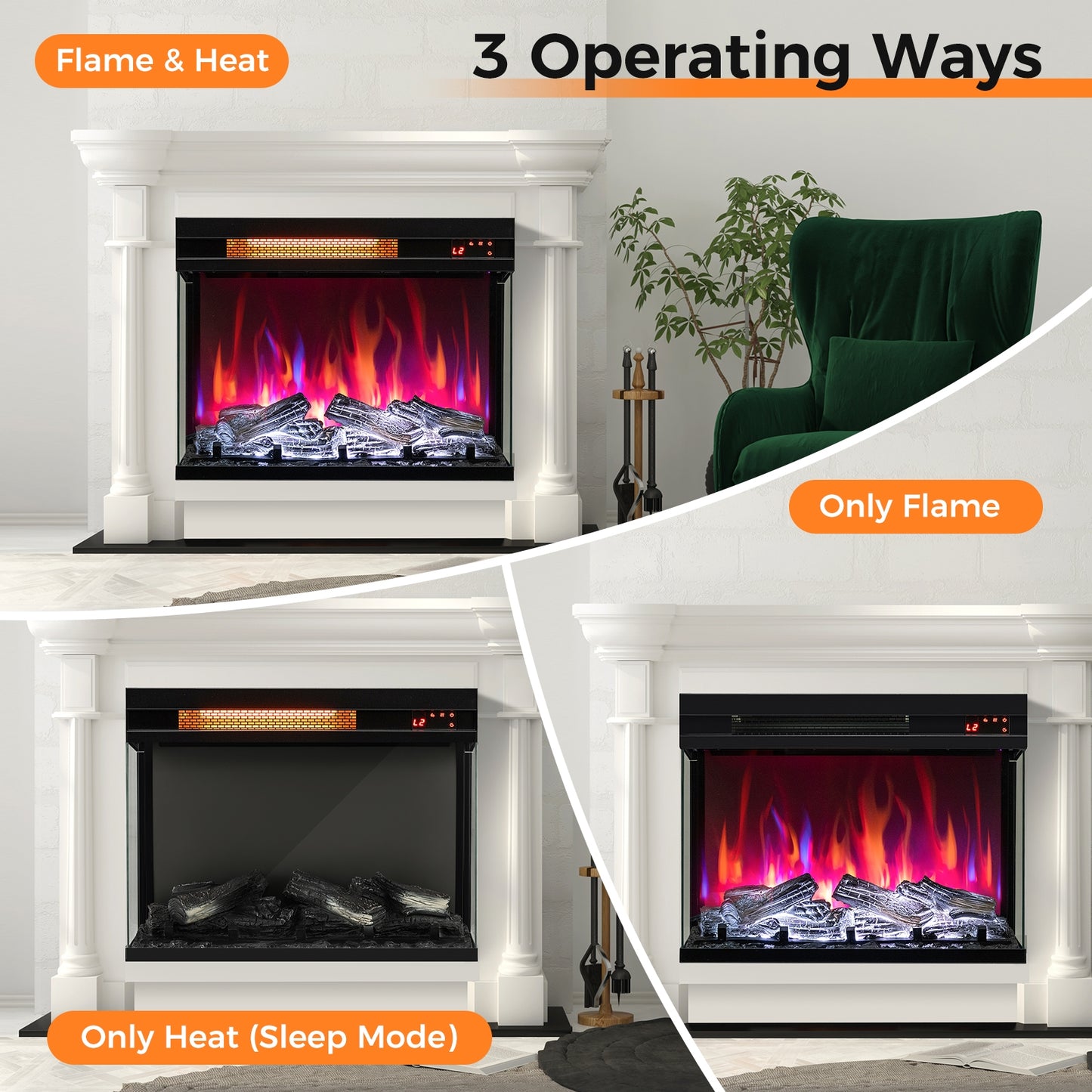 23 Inch 3-Sided Electric Fireplace Insert with 1500W Heater & Adjustable Settings