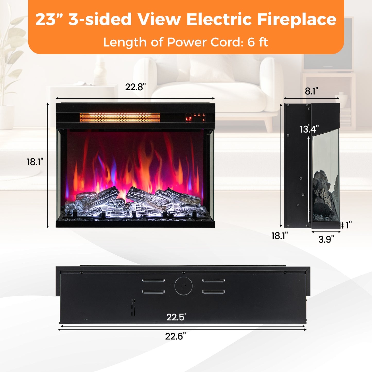 23 Inch 3-Sided Electric Fireplace Insert with 1500W Heater & Adjustable Settings