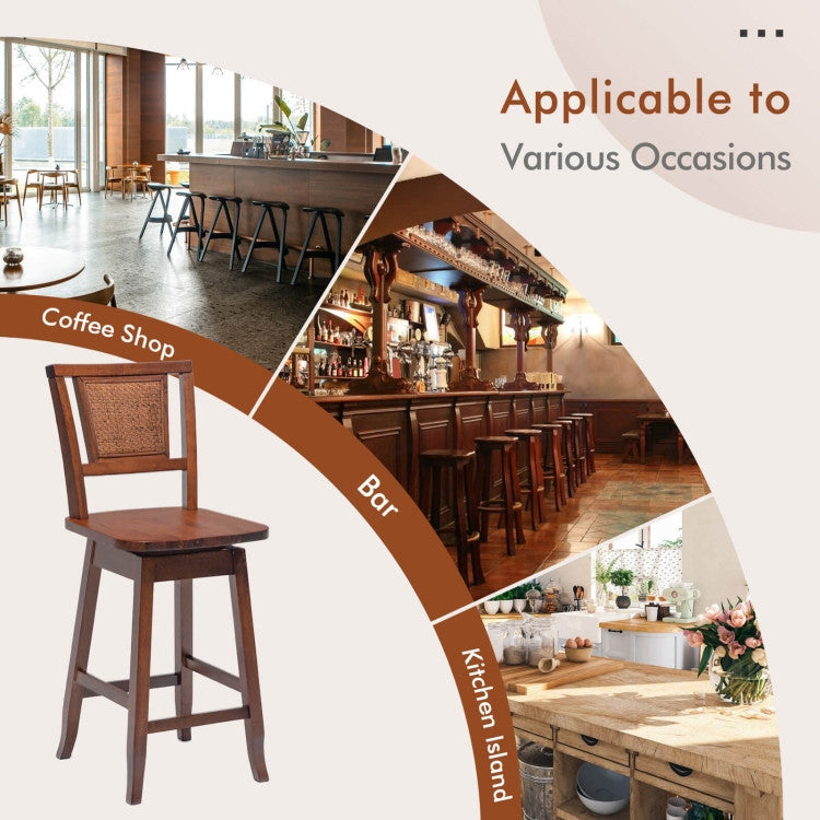 24.5 Inch Swivel Bar Stools Set of 2 with Rattan Back and Comfortable Footrests