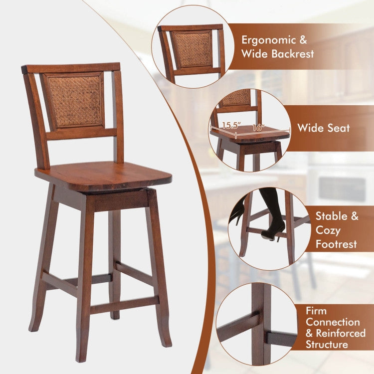 24.5 Inch Swivel Bar Stools Set of 2 with Rattan Back and Comfortable Footrests