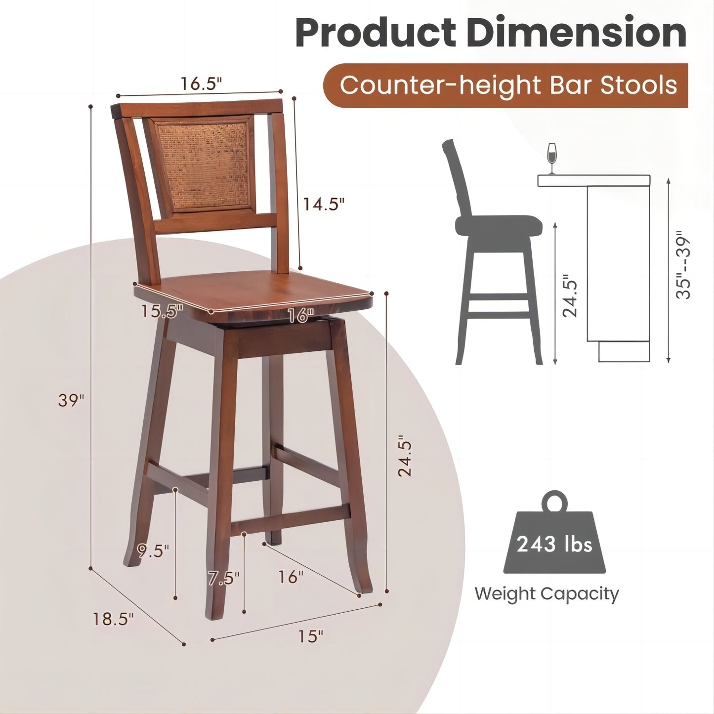 24.5 Inch Swivel Bar Stools Set of 2 with Rattan Back and Comfortable Footrests