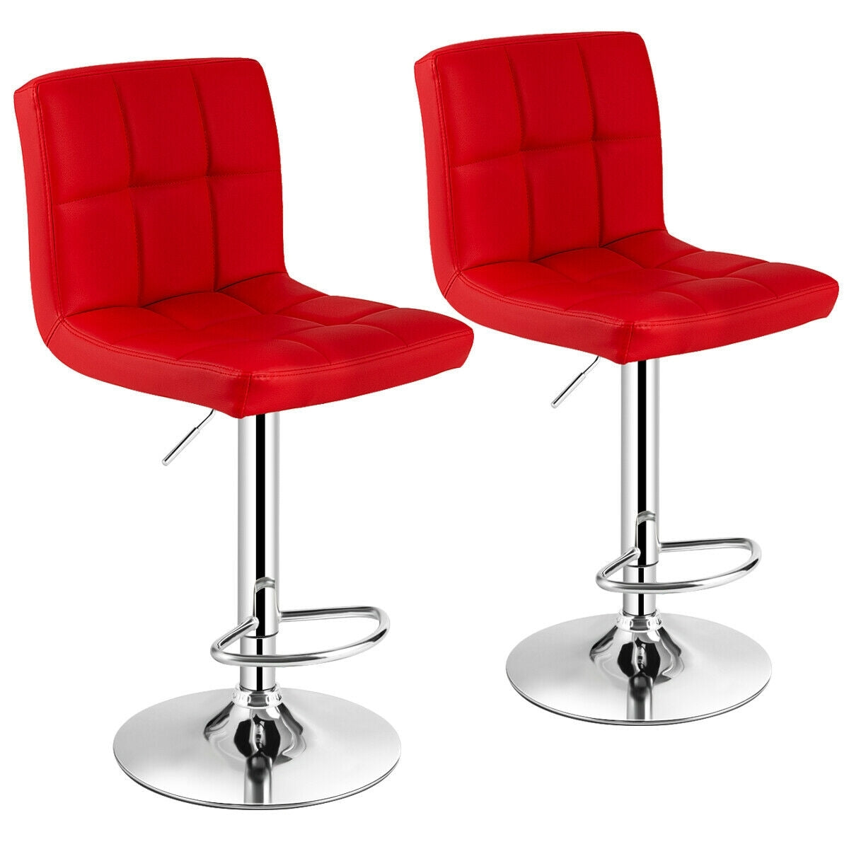 Set of 2 Modern PU Leather Bar Stools with Adjustable Height, Swivel Seat, Backrest and Footrest - Red
