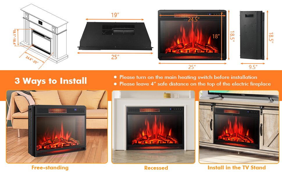 25 Inch Recessed Electric Fireplace Heater