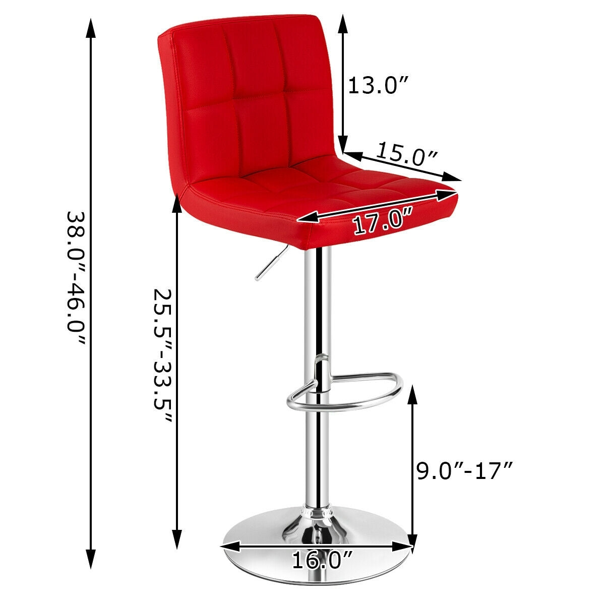 Set of 2 Modern PU Leather Bar Stools with Adjustable Height, Swivel Seat, Backrest and Footrest - Red