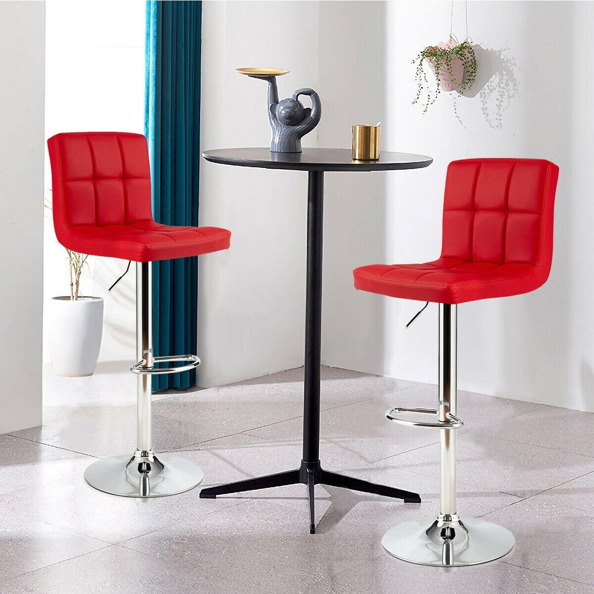 Set of 2 Modern PU Leather Bar Stools with Adjustable Height, Swivel Seat, Backrest and Footrest - Red