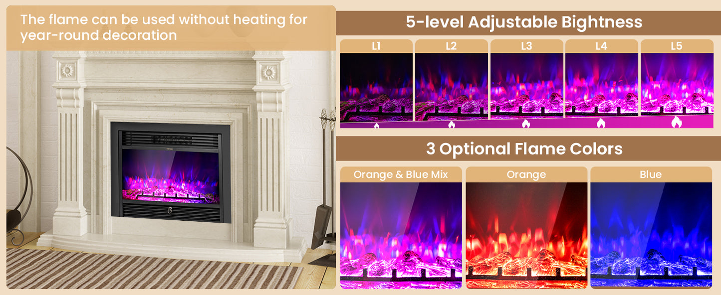 28.5 Inch Electric Fireplace Recessed with 3 Flame Colors & Adjustable Heat