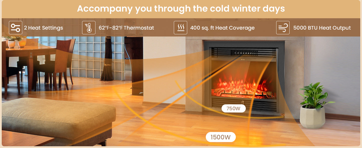 28.5 Inch Electric Fireplace Recessed with 3 Flame Colors & Adjustable Heat