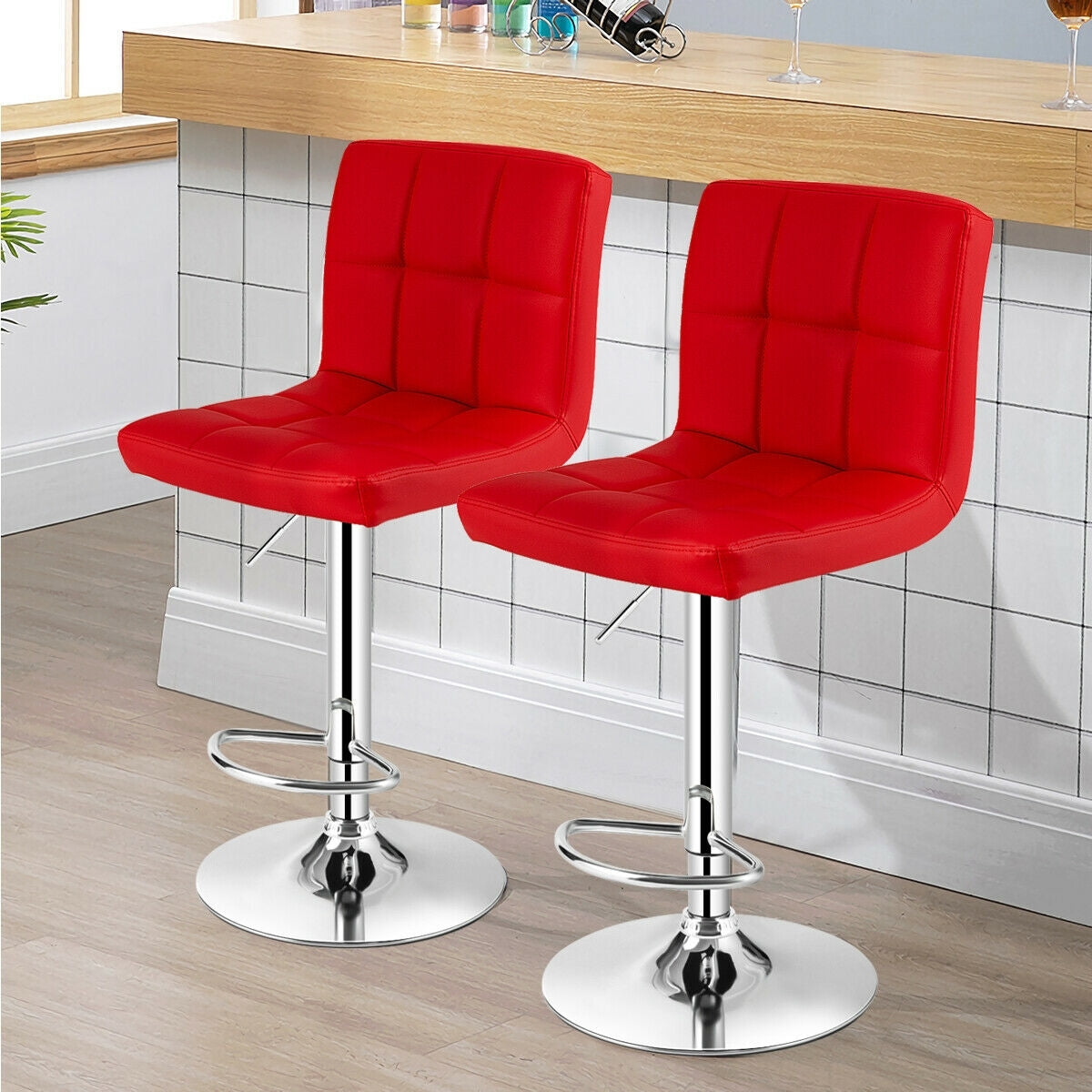 Set of 2 Modern PU Leather Bar Stools with Adjustable Height, Swivel Seat, Backrest and Footrest - Red
