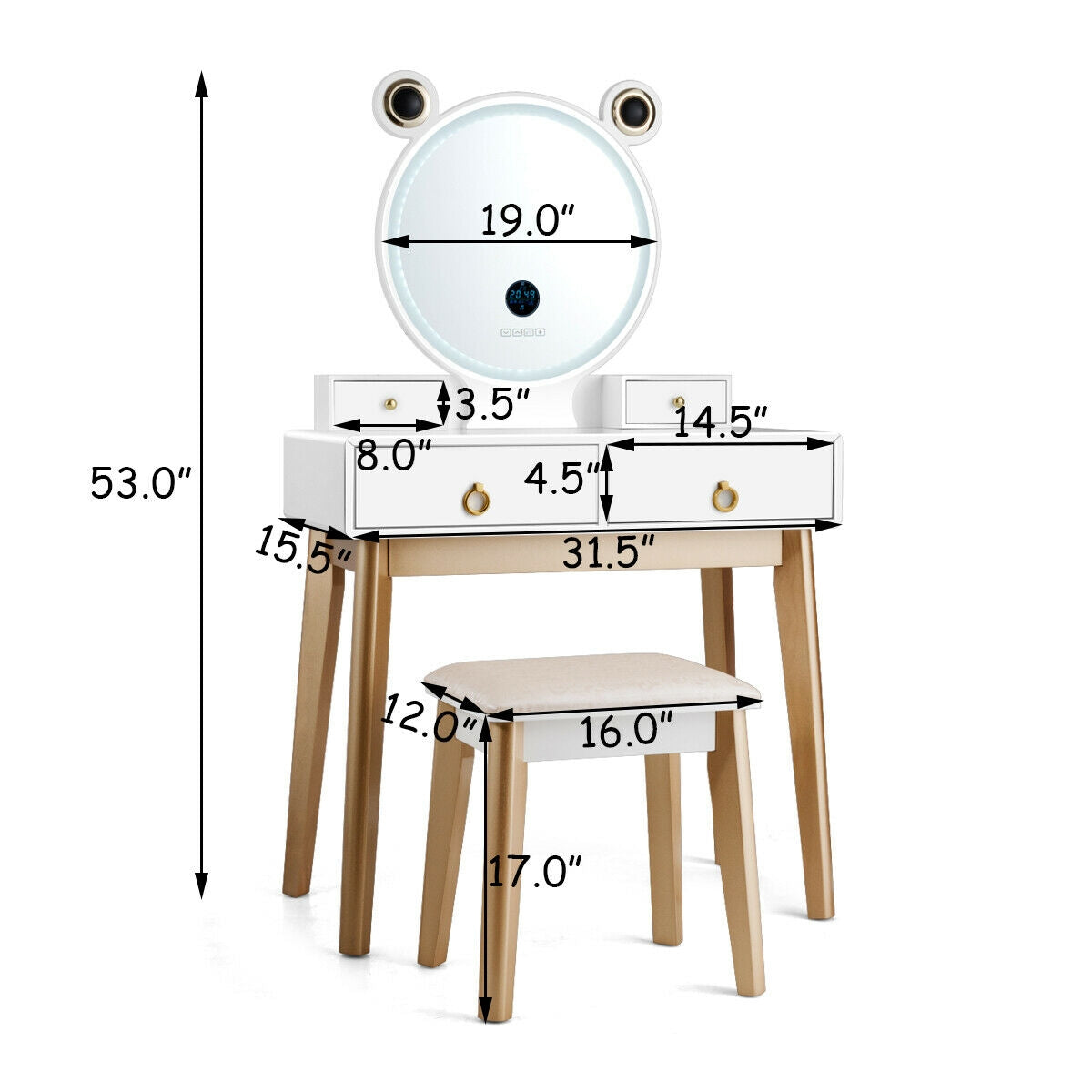 3-Color LED Vanity Set with Touch Screen Dimming Mirror, Wireless Speakers & 4 Storage Drawers