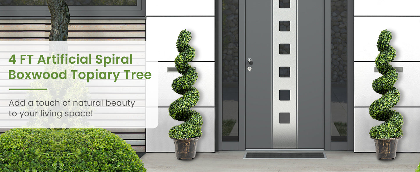 Set of 2 - 4ft Artificial Boxwood Spiral Trees for Indoor and Outdoor Décor