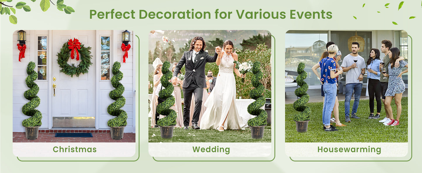 Set of 2 - 4ft Artificial Boxwood Spiral Trees for Indoor and Outdoor Décor