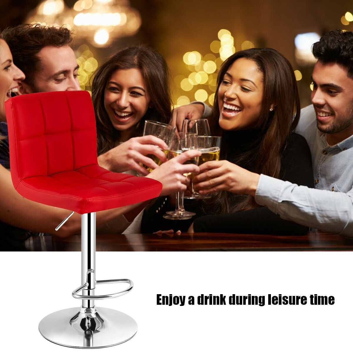 Set of 2 Modern PU Leather Bar Stools with Adjustable Height, Swivel Seat, Backrest and Footrest - Red