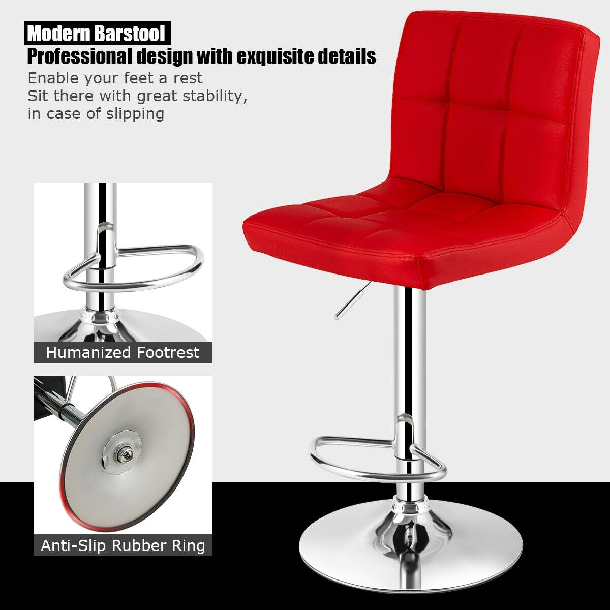 Set of 2 Modern PU Leather Bar Stools with Adjustable Height, Swivel Seat, Backrest and Footrest - Red