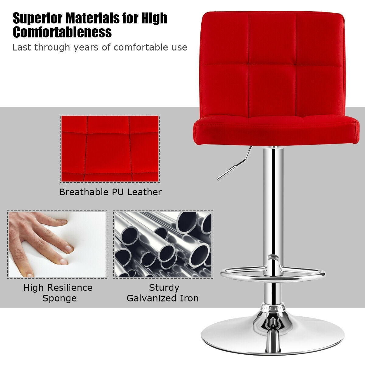 Set of 2 Modern PU Leather Bar Stools with Adjustable Height, Swivel Seat, Backrest and Footrest - Red