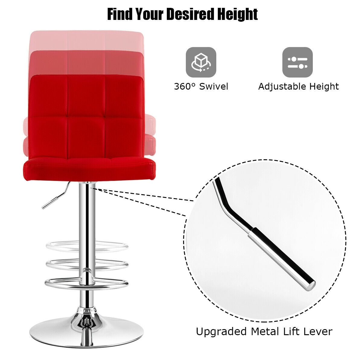 Set of 2 Modern PU Leather Bar Stools with Adjustable Height, Swivel Seat, Backrest and Footrest - Red